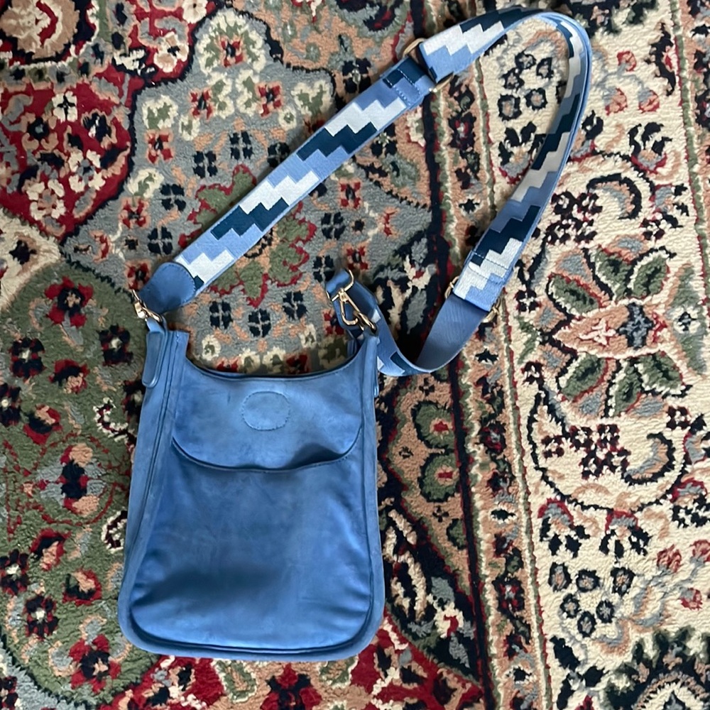 Ahdorned blue faux suede and vegan leather bag